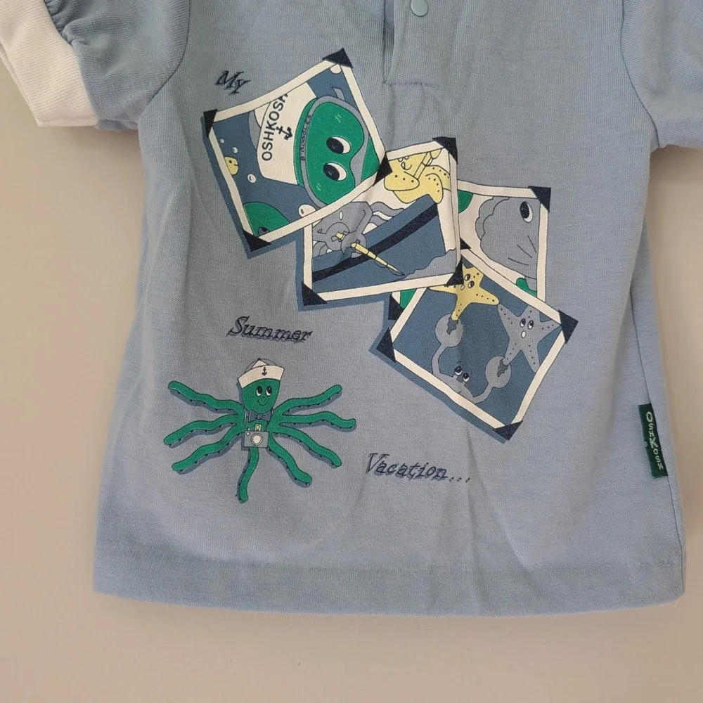 Vintage OshKosh Bgosh Toddler 3T Blue Summer Vacation Octopus Shirt Made in USA